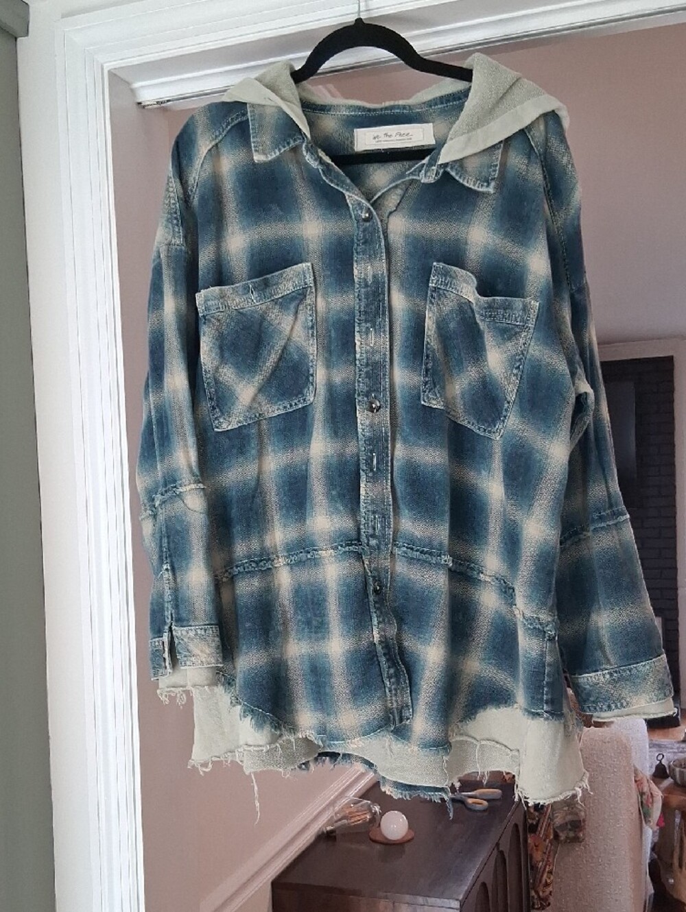 We The Free Blue Flannel Hooded Button-Down Shirt